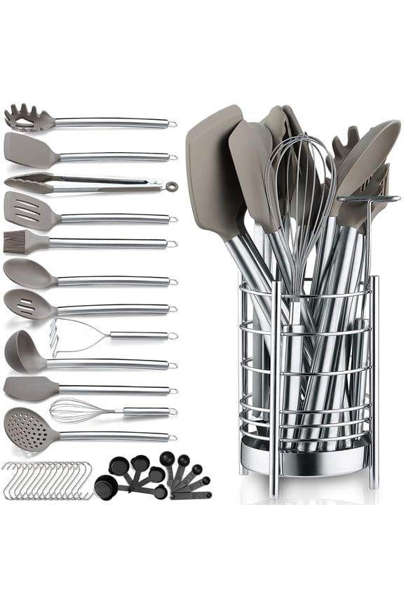 Silver 38 Pieces Silicone Kitchen Utensils Set  With Sturdy Stainless Steel Utensil Holder