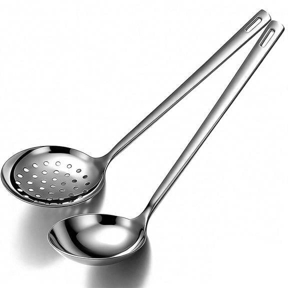ReaNea Stainless Steel Soup Ladle , Skimmer Set of 2, Skimmer Slotted Spoon for Straining , Cooking, Frying, Metal Kitchen Utensils Pasta Spoon