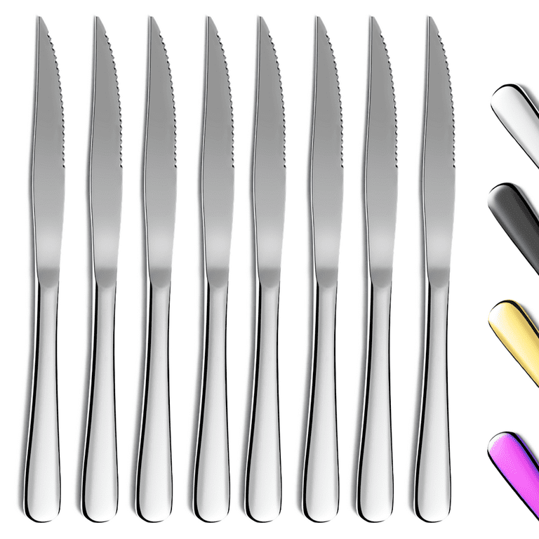 Steak Knives Set of 8, Eisinly Sharp Serrated Knife Set with Sturdy Full  Stainless Steel Handle for Kitchen Restaurant Party, 9.5 Inches, Silver
