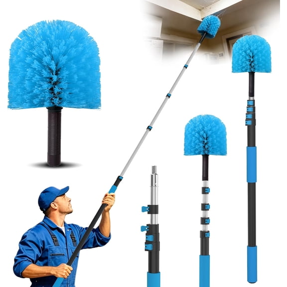 Reach Cobweb Duster with Extension Pole - Spider Web Brush for Cleaning with Section Flip-Lock Telescopic Pole, Effortlessly Cleans High Indoor & Outdoor Webs