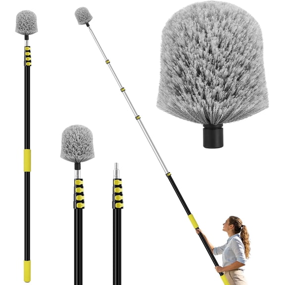 Reach Cobweb Duster with Extension Pole, Spider Web Brush for Cleaning with Telescopic Pole, Larger Extendable Duster for High Indoor & Outdoor Webs