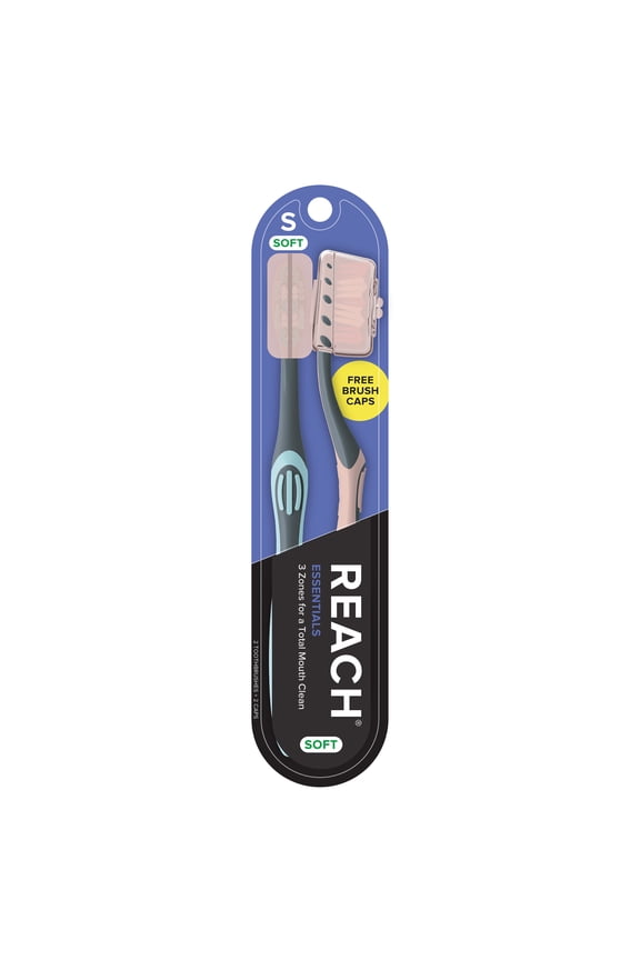 Essentials Manual Toothbrush with Cap, Soft, 2 Count