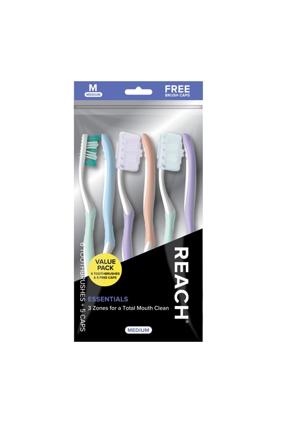 Essentials Manual Toothbrush with Caps, 6 Count