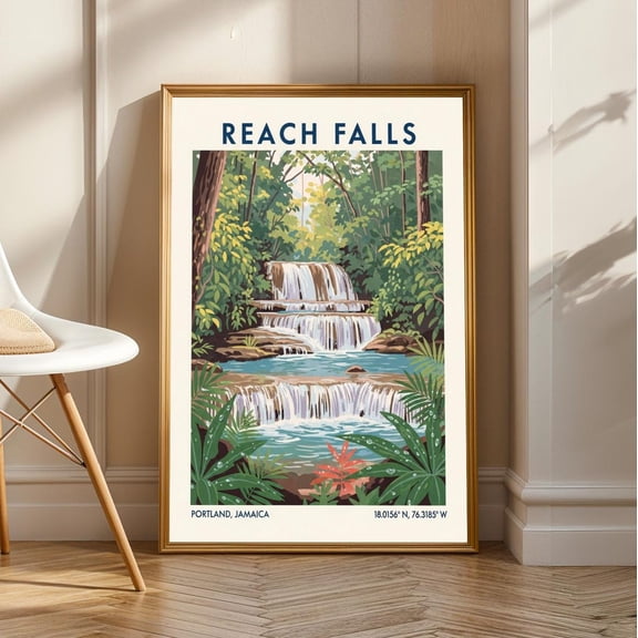 Reach Falls Jamaica Poster: Tropical Waterfall Illustration, Green & Blue Art, Unframed Poster Size 24x36