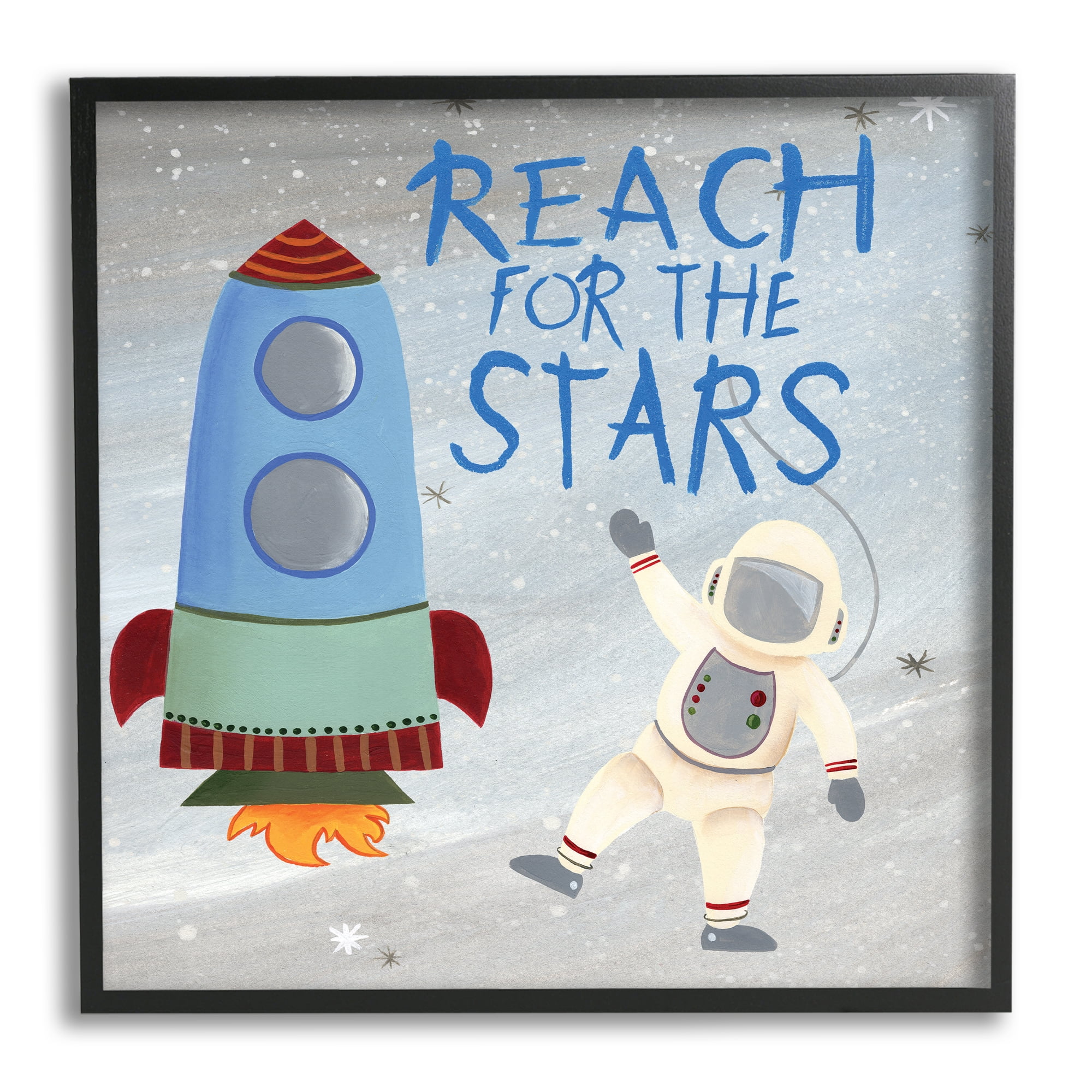 Reach For The Stars Quote Sci-Fi Space Rocket Astronaut Typography Framed Art Print Wall Art, 17x17