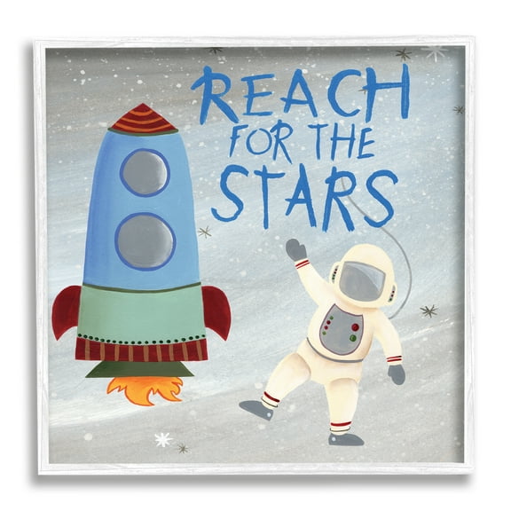 Reach For The Stars Quote Sci-Fi Space Rocket Astronaut Typography Framed Art Print Wall Art, 17x17