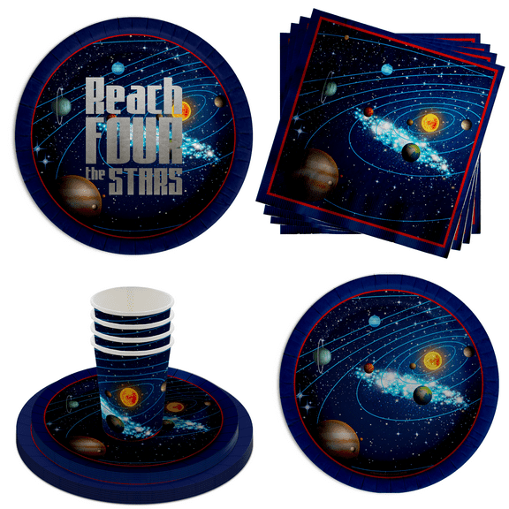 Reach Four the Stars Space Birthday Party Supplies - Boys 4th Birthday Party Supplies 64 Piece Tableware Set Includes Large 9" Paper Plates Dessert Plates, Cups and Napkins Kit for 16