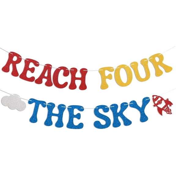 Reach Four The Sky Banner - Flight Plane Cloud 4th Birthday Sign, Happy 4th Birthday Decorations, Cartoon Theme Four Years Old Party Decor