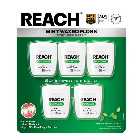 Reach Mint Waxed Dental Floss, 5 Pack, 500 Yards Total