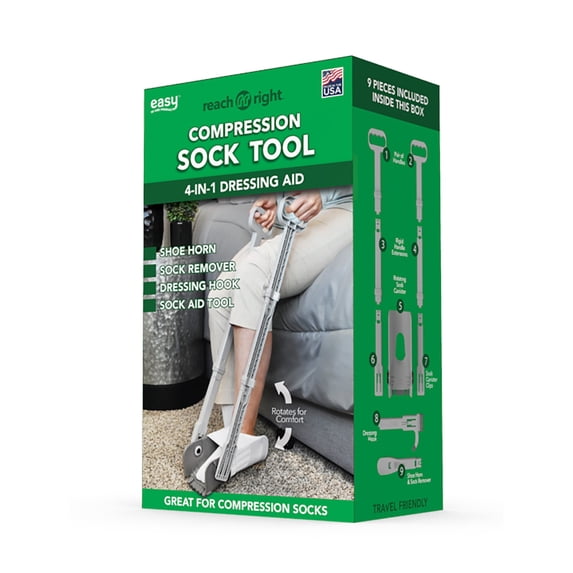 Reach Right Compression Sock Aid Device, Long Shoe Horn, Dressing Hook, 8 Ct