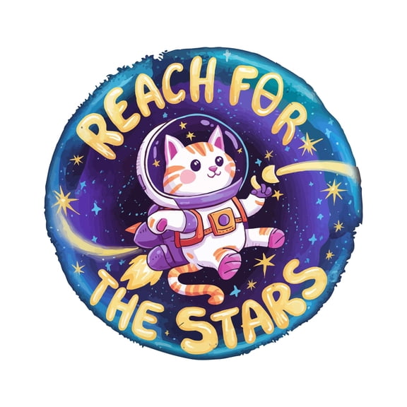 Reach For The Stars Cute Cartoon Cat in Space Motivating Quote Wall Art Sticker Designs Vinyl Stickers For Home House Walls Rooms Windows Bedroom Decoration Size (12x12 inch)