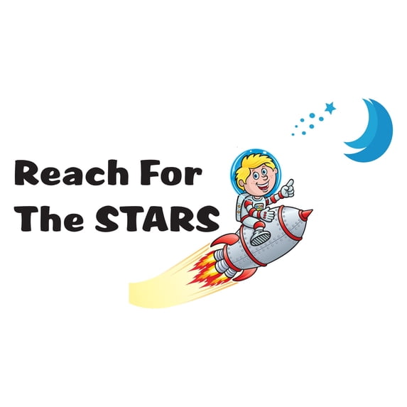 Reach for the Stars Quote Lettering Wall DecorWall Decal Decoration Reach for the Stars Adventurous Space Cartoon Rocket Decorating Ideas for Child's Bedroom Size: 20 In(W) x 12 In(H)