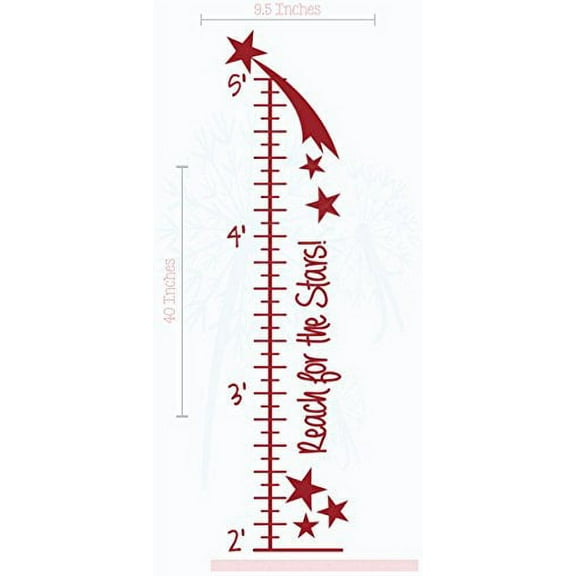 Reach for the Stars Growth Chart Vinyl Stickers Children Room Decals Art, 9.5x40-Inch Red