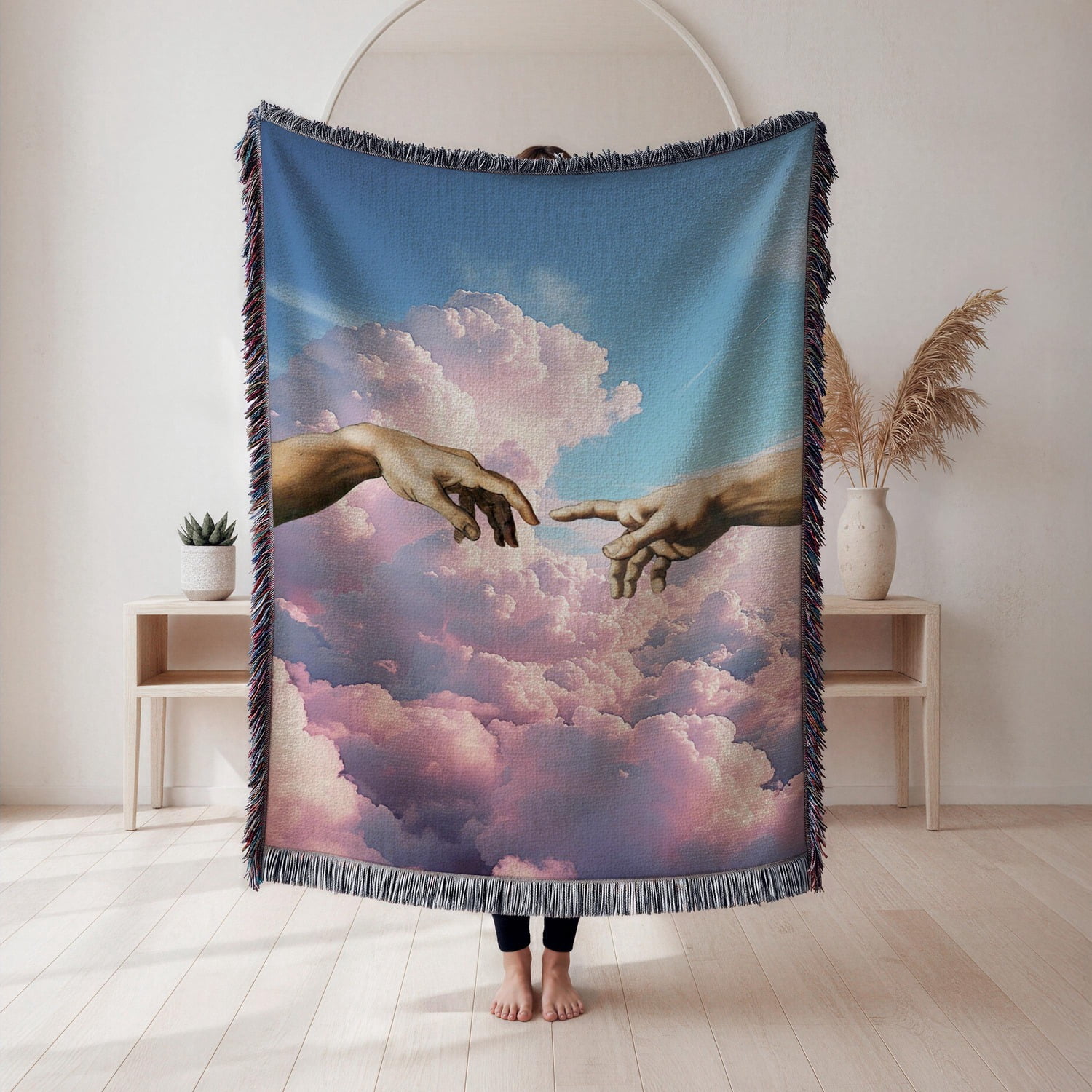 Reaching Hands and Pink Clouds Blue Woven Blanket, 100% Cotton ...