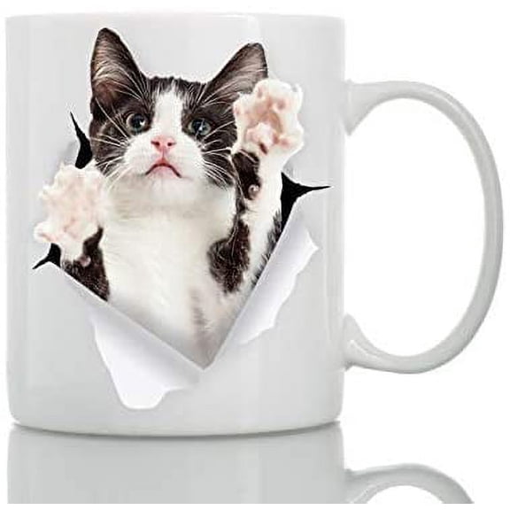 Reaching Tuxedo Cat Coffee Mug - Ceramic Funny Coffee Mug - Perfect Cat Lover Gift - Cute Novelty Coffee Mug Present - Great Birthday or Christmas Surprise for Friend or Coworker, Men and Women (11oz)