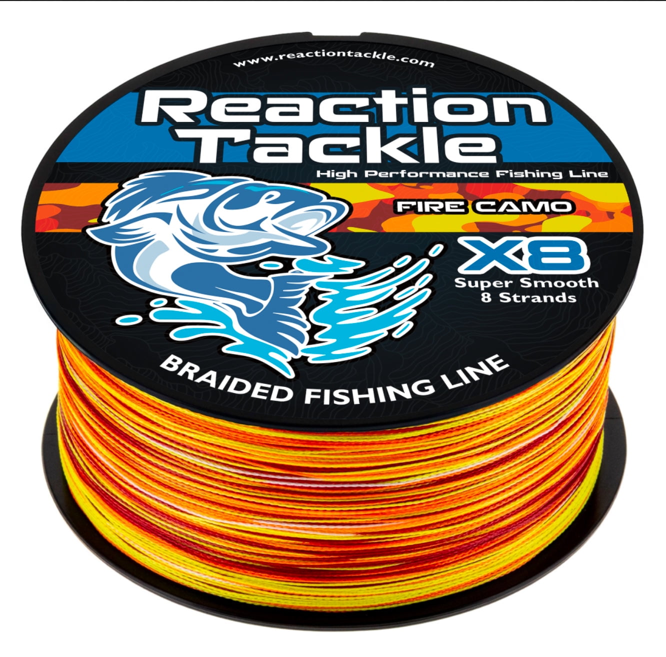 Reaction Tackle X8 8-Strand Braided Fishing Line – Super Strong Abrasion-Resistant PE Braid – Long Cast, Zero Stretch – Freshwater & Saltwater - Fire Camo - 30LB / 3000yd