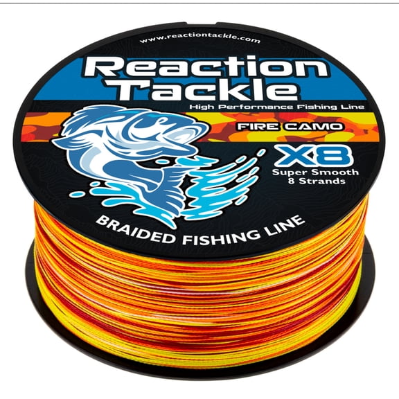 Reaction Tackle X8 8-Strand Braided Fishing Line – Super Strong Abrasion-Resistant PE Braid – Long Cast, Zero Stretch – Freshwater & Saltwater - Fire Camo - 40LB / 150yd
