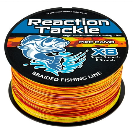 Reaction Tackle X8 8-Strand Braided Fishing Line – Super Strong Abrasion-Resistant PE Braid – Long Cast, Zero Stretch – Freshwater & Saltwater - Fire Camo - 65LB / 150yd