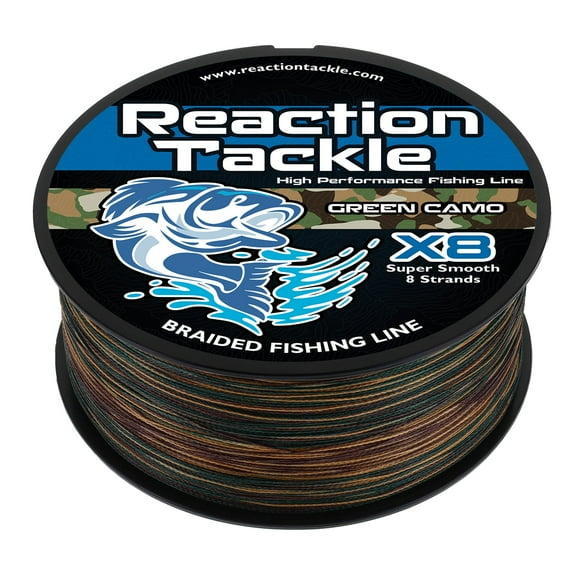 Reaction Tackle X8 8-Strand Braided Fishing Line – Super Strong Abrasion-Resistant PE Braid – Long Cast, Zero Stretch – Freshwater & Saltwater - Green Camo - 25LB / 150yd