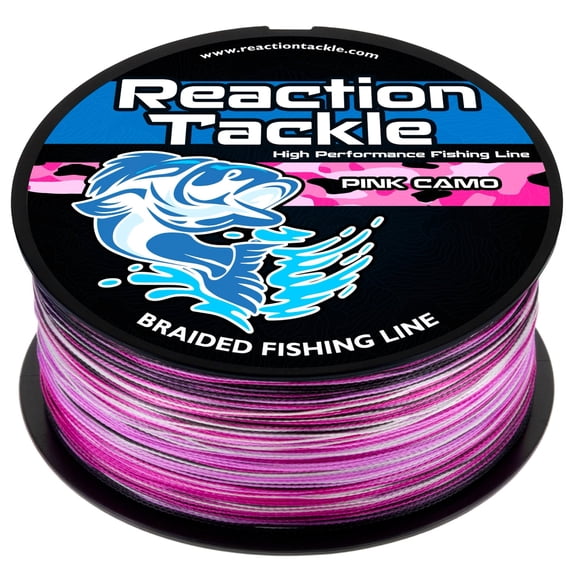 Reaction Tackle Braided Fishing Line – Pro Grade PE Braid, Super Strong, Abrasion-Resistant, Zero Stretch for Freshwater & Saltwater - Pink Camo 80LB / 1000yd