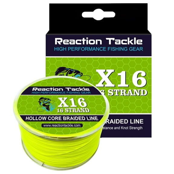 Reaction Tackle Hollow Core, 16 Strand Braided Fishing Line Hi Vis Yellow - 150LB / 1200 yds