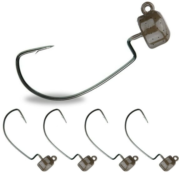 Reaction Tackle Tungsten Mushroom Head Ned Rig Shroom Jig Heads for Finesse Fishing, Weedless Jig Head for Bass Fishing with Soft Lures (5-Pack) 1/10oz Green Pumpkin EWG