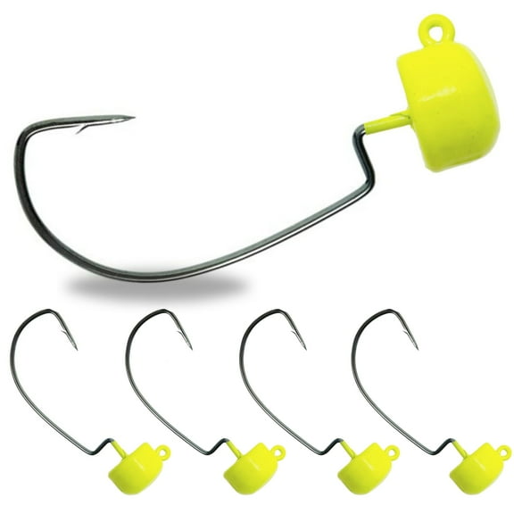 Reaction Tackle Tungsten Mushroom Head Ned Rig Shroom Jig Heads for Finesse Fishing, Weedless Jig Head for Bass Fishing with Soft Lures (5-Pack) 1/15oz Chartreuse EWG