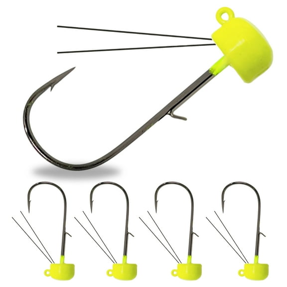 Reaction Tackle Tungsten Mushroom Head Ned Rig Shroom Jig Heads for Finesse Fishing, Weedless Jig Head for Bass Fishing with Soft Lures (5-Pack) 1/4oz Chartreuse weedless