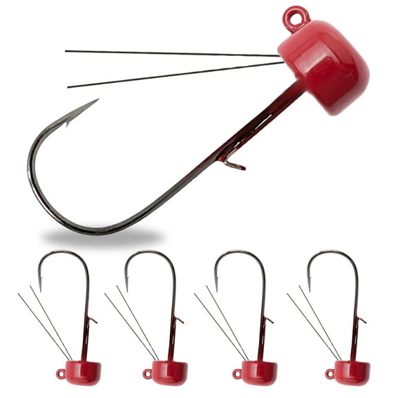 Reaction Tackle Tungsten Mushroom Head Ned Rig Shroom Jig Heads for Finesse Fishing, Weedless Jig Head for Bass Fishing with Soft Lures (5-Pack) 1/5oz Red weedless