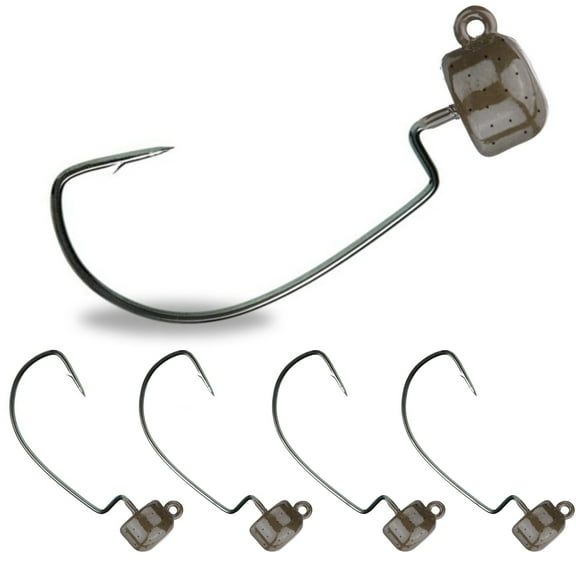 Reaction Tackle Tungsten Mushroom Head Ned Rig Shroom Jig Heads for Finesse Fishing, Weedless Jig Head for Bass Fishing with Soft Lures (5-Pack) 1/8oz Green Pumpkin EWG
