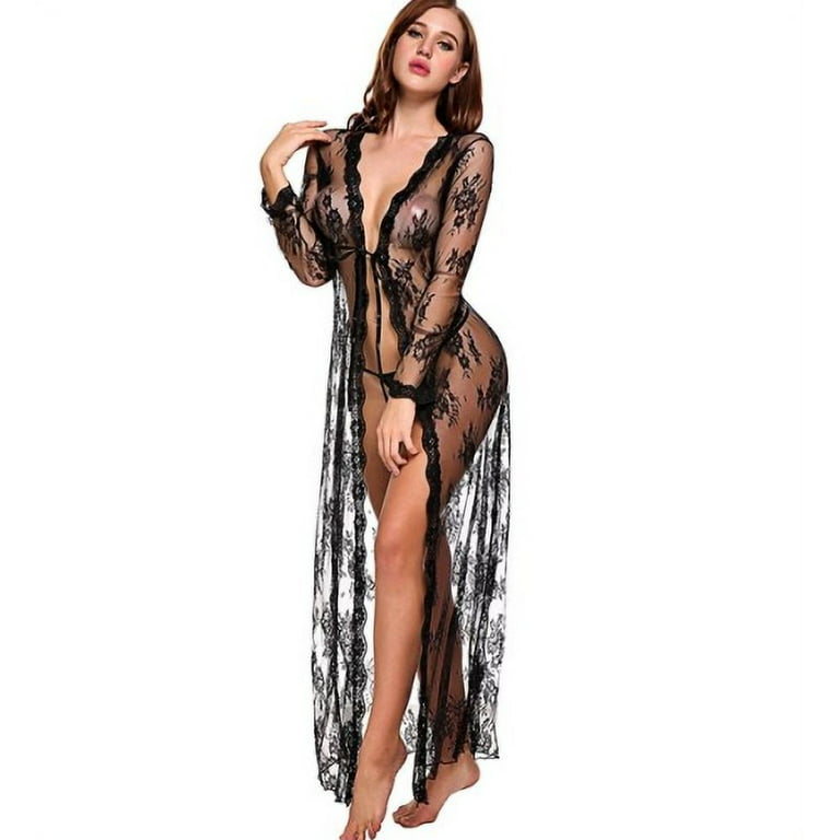 Reactionnx Lingerie for Women Sexy Long Lace Dress Sheer Gown See Through  Kimono Robe