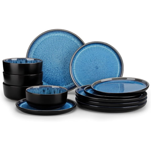 Reactive Glaze Dinnerware Set for 4 12-Piece Blue Plates and Bowls (10.25 Inch Dinner Plates 8.25 Inch Salad Plates 24 oz Bowls)