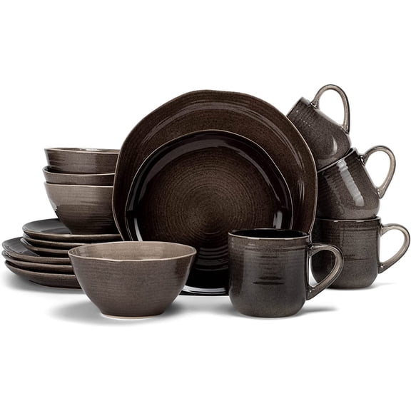 Reactive Glaze Farmhouse Rustic Boho Ceramic Stoneware Dinnerware 16 Piece Plate Bowl Mug Dish Set - Service for 4, Mocha Grey Ombre