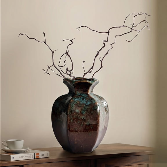 Reactive Glaze Flower Mouth Ceramic Vase for Dried Flowers & Hydroponics, 6.10" H x 4.72" W, Rustic Decorative Flower Pot for Home & Office