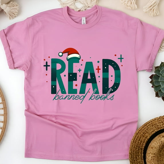 Read Banned Books T-Shirt | Holiday Reading Graphic Tee for Book Lovers, Azalea, Size M