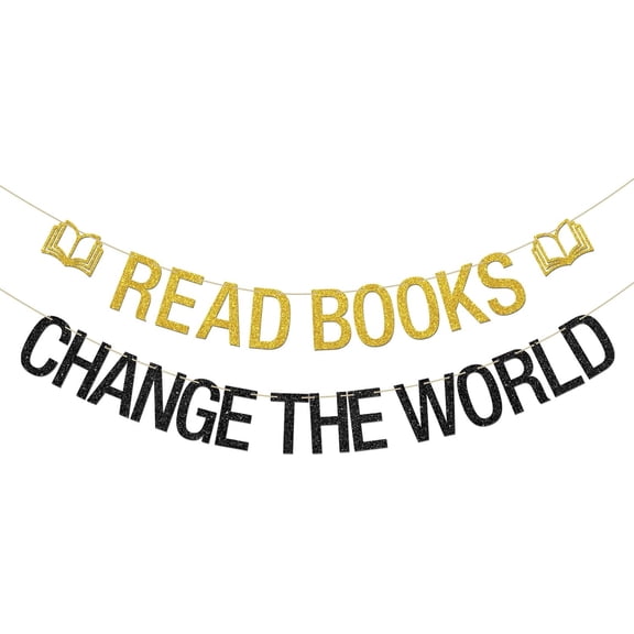 Read Books Change the World Banner, School Classroom and Library Sign Decorations, Read More Books, World Book Day Party Decorations Gold Black Glitter