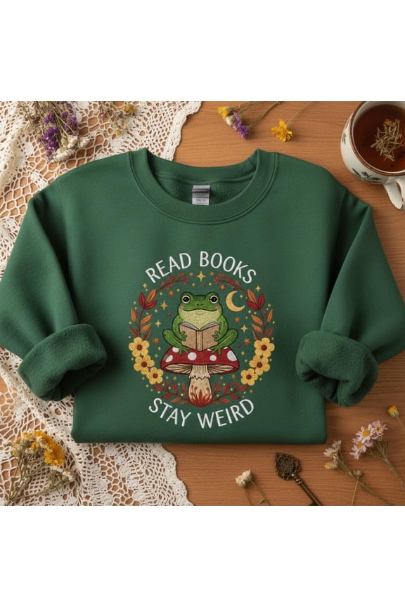 Read Books Stay Weird Embroidered Sweatshirt Mushroom Frog Shirt Bookish Cottagecore Cozy Reader Gift Vintage Embroidery Frogcore Top
