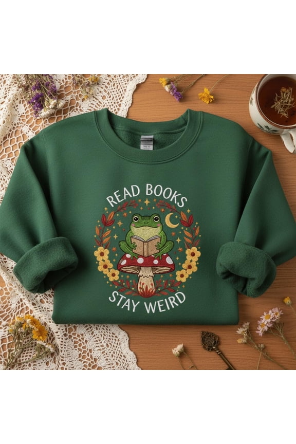 Read Books Stay Weird Embroidered Sweatshirt Mushroom Frog Shirt Bookish Cottagecore Cozy Reader Gift Vintage Embroidery Frogcore Top