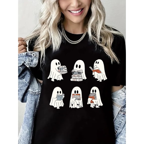 Read Ghost Print Halloween Shirt Short Sleeve Shirts for Women Black One-Piece