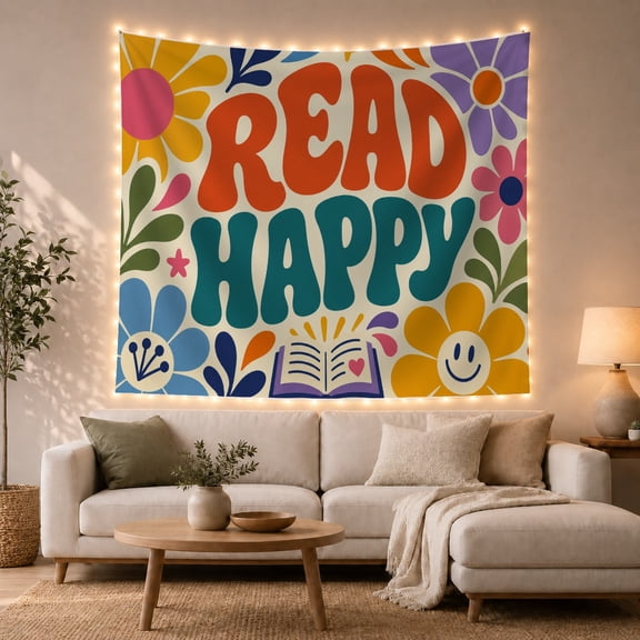 Read Happy Book with Flowers on Cream Background, Playful Retro for Book Lovers, Library Wall Art Decor, Back to School Gift, Tapestry Wall Hanging for Dorm and Home Library