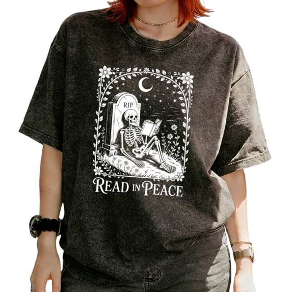 Read In Peace Skeleton Reading Book Cemetery Graphic softness Tees T-shirt Short Sleeve Round Neck Black S-2XL Plus Size