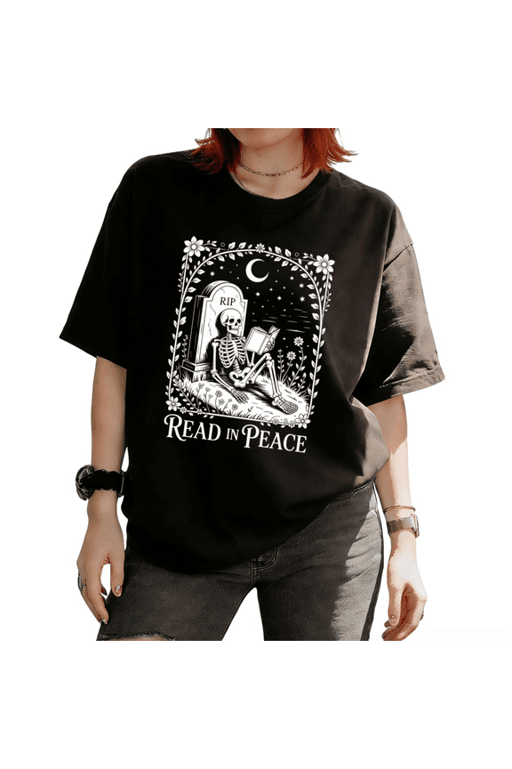 Read In Peace Skeleton Reading Book Cemetery Graphic softness Tees T-shirt Short Sleeve Round Neck Black S-5XL