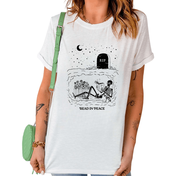 Read In Peace Skeleton Reading Print Tshirt Graphic Tees Shirts White Funny Halloween Book Lover Gift Tops S-5XL