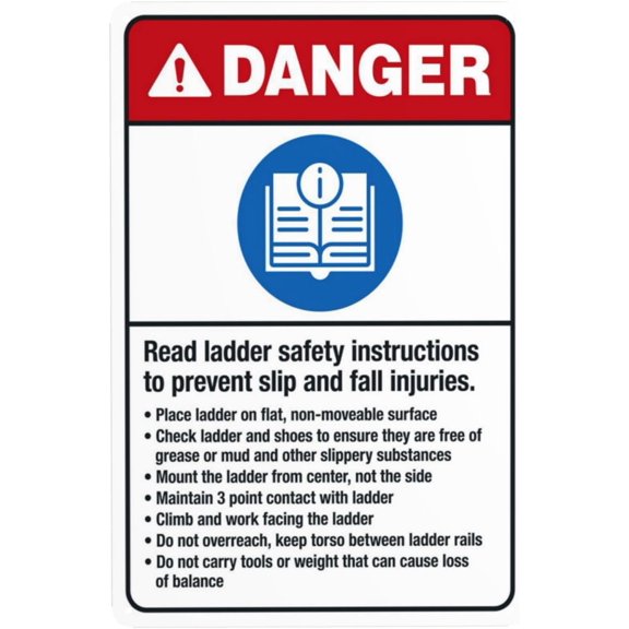 Read Ladder Safety Instructions To Prevent Slip And Fall Injuries Warning Sign, Security Safety Metal Signs, Caution Poster Wall Decor for Business Office Home Street Road Use 8 x 12 Inch