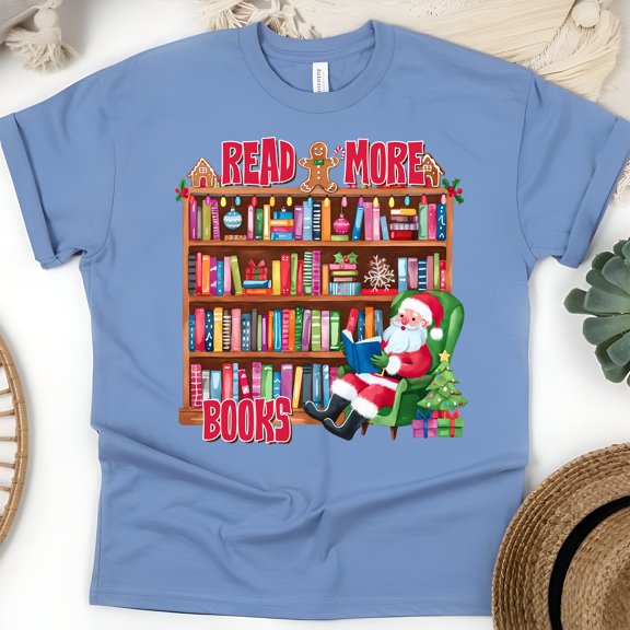 Read More Books T-Shirt | Santa Reading Library Christmas Tee, CarolinaBlue, Size M
