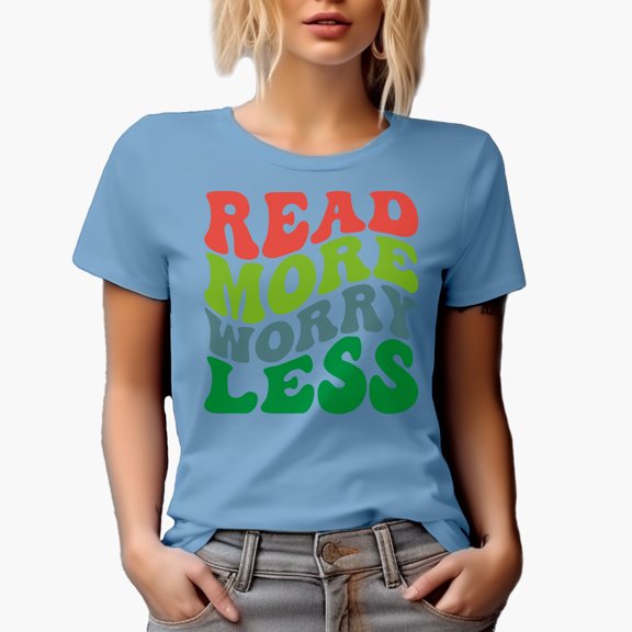 Read More, Worry Less, Reading Enthusiast Quote, Groovy Retro Wavy Text Merch Gift, Baby Blue T-Shirt, XL