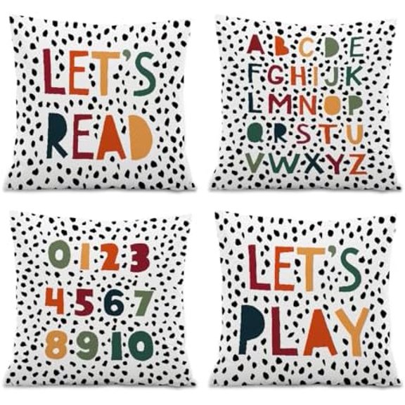Let's Read Play ABC Alphabet Throw PillowCovers,Reading Corner Classroom Toddler Reading Nook Decorate Pillow Covers for Kids Reading Room Playroom Nursery,18x18 Inch Pillowcase Set of 4