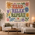 thumbnail image 1 of Read Relax Repeat in Creamy Off-White Background with Flowers, Playful Retro for Book Lovers, Motivational Bookish Wall Art, Birthday Gift, Tapestry Wall Hanging for Home Library and Classroom, 1 of 7
