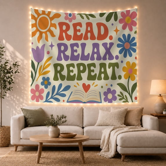 Read Relax Repeat in Creamy Off-White Background with Flowers, Playful Retro for Book Lovers, Motivational Bookish Wall Art, Birthday Gift, Tapestry Wall Hanging for Home Library and Classroom