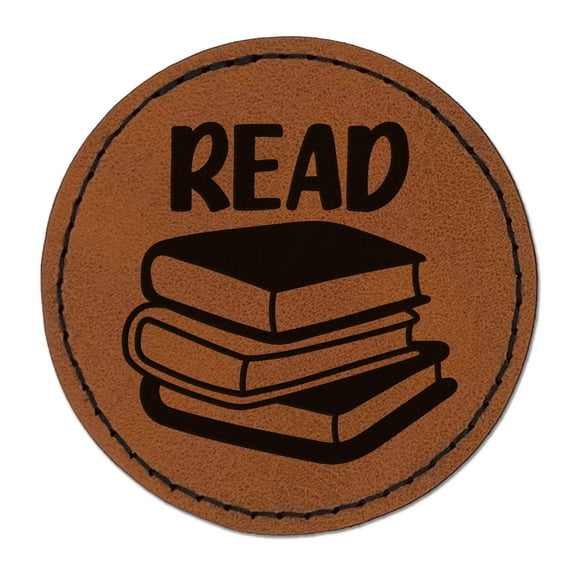 Read Stack of Books 2.5" Faux Leather Round Engraved Iron-On Patch - Brown